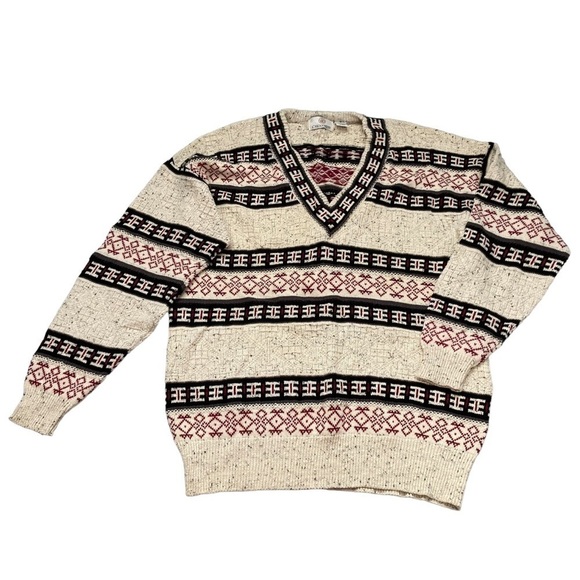 Vintage 100% Cotton Neutral Tone Aztec Tribal Print V-neck Knit Sweater - Picture 1 of 7